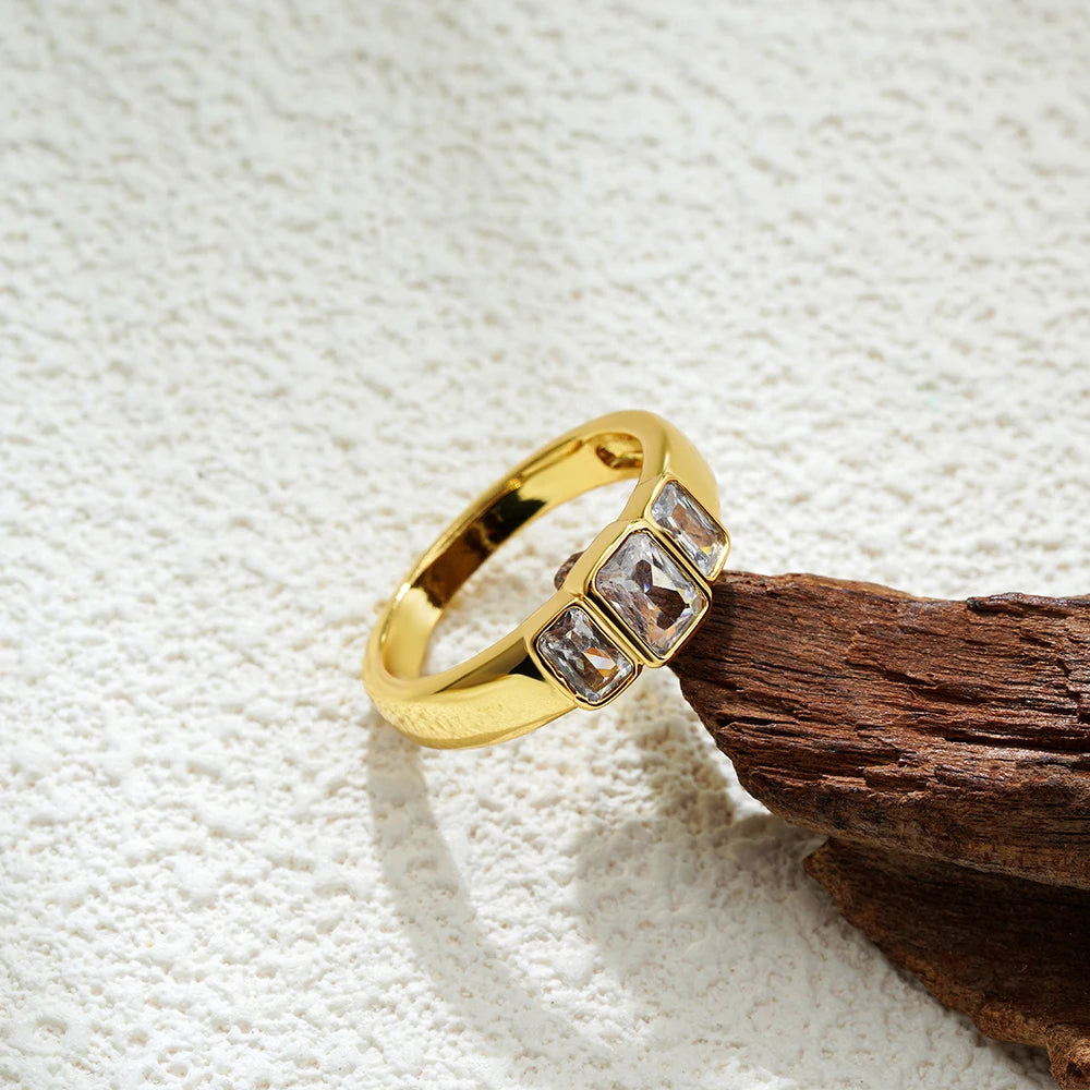 18K Gold Plated Stainless Steel Square CZ Ring Waterproof Wedding Jewelry