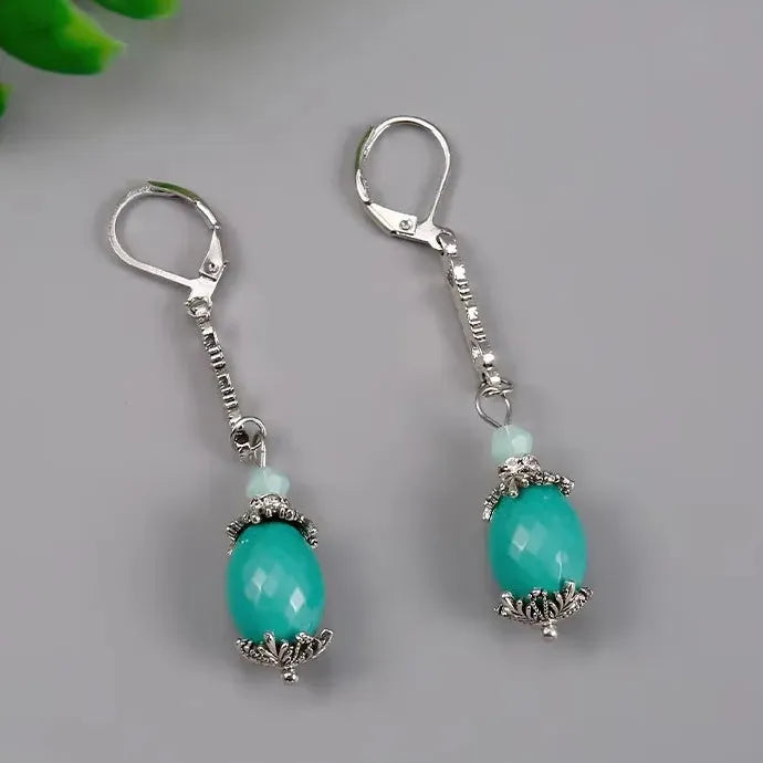 Vintage Geometric Blue Gemstone Drop Earrings Silver Zinc Alloy Leaves Jewelry Women