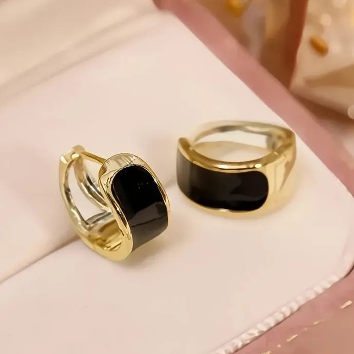 Black Enamel Gold Geometric Hoop Earrings Brass Epoxy Luxury Gift Women