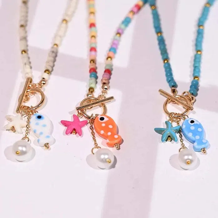 Ceramic Fish Pendant Necklace for Women Girls Bohemian Colorful Beaded Chain Jewelry
