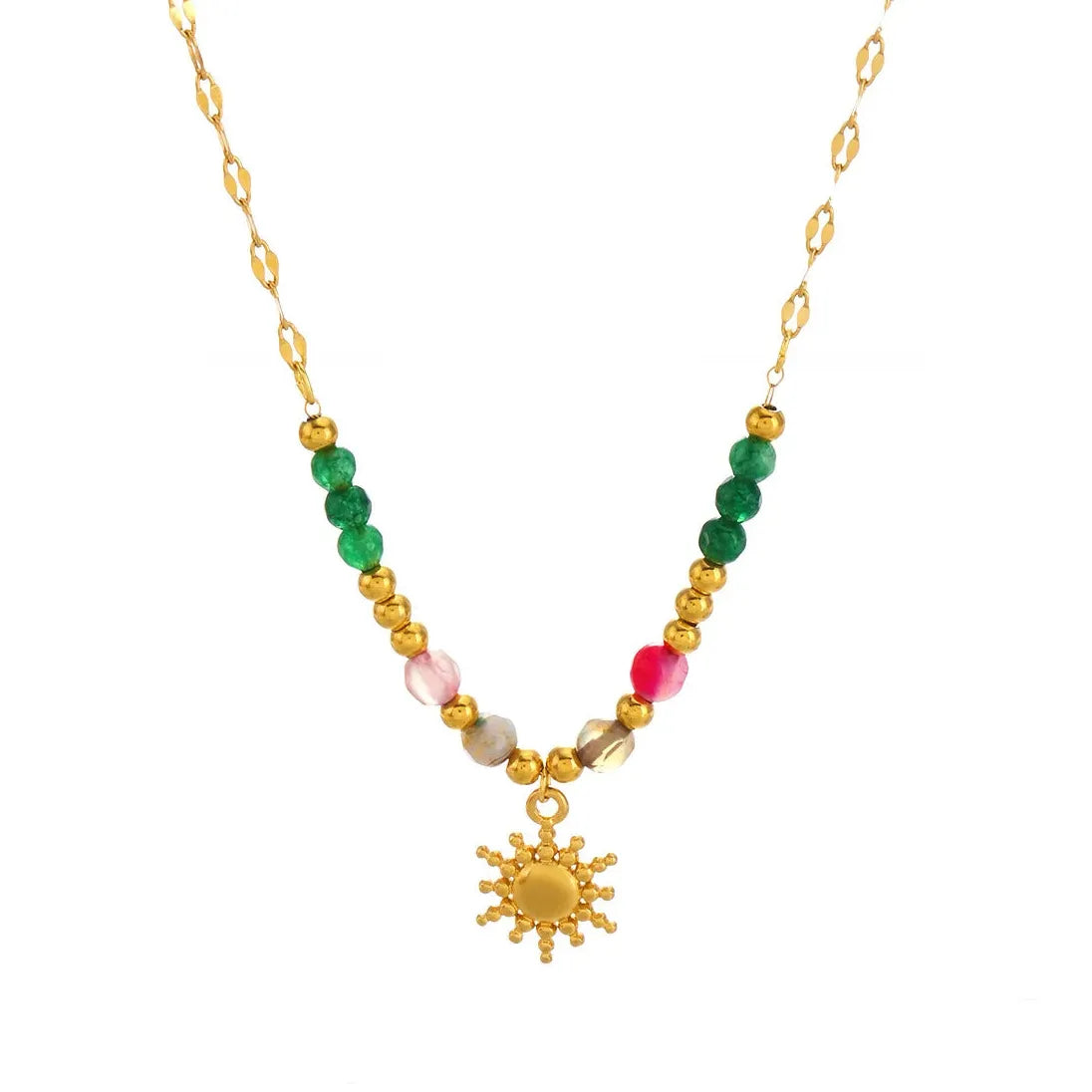 Boho Handmade Pink Opal Beads Necklace Stainless Steel Sun Pendant Chain Jewelry