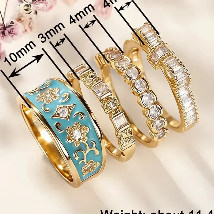 Boho 4-Pcs Women’s Gold Rings Set with Blue Enamel Flower & CZ