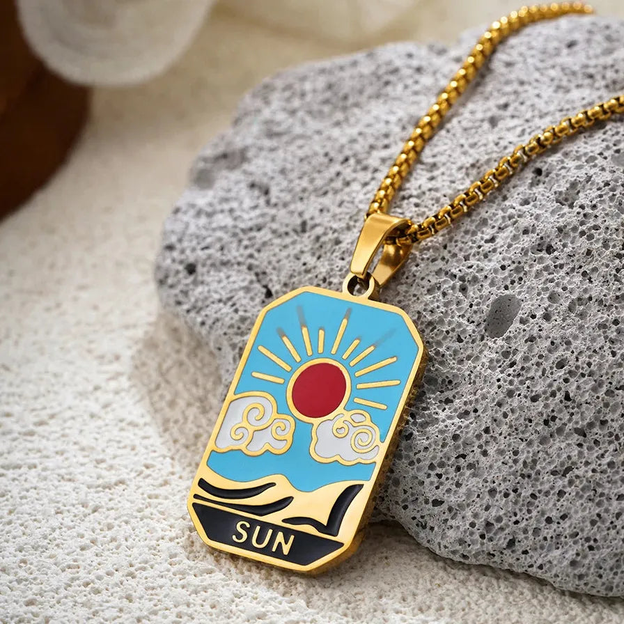 Vintage Gold Plated Stainless Steel Tarot Card Pendant Necklace for Women Punk