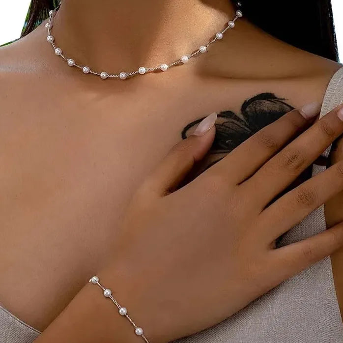 Kpop White Imitation Pearl Choker Necklace & Bracelet Set Silver Bridal Jewelry