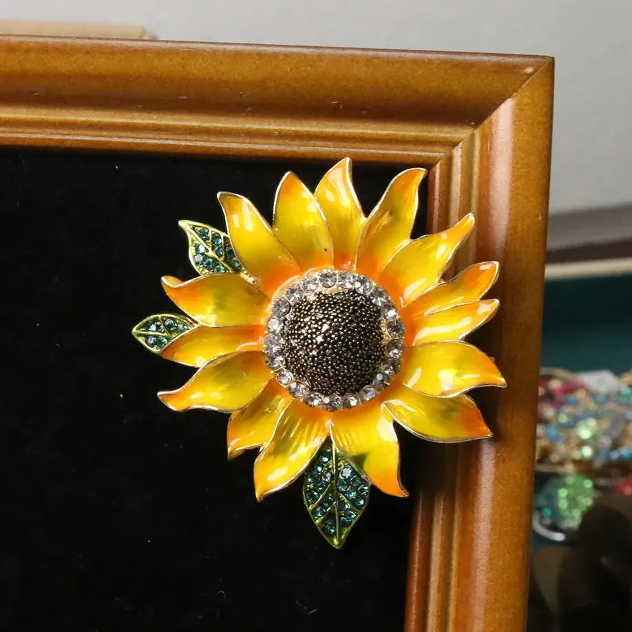 Hand Painted Sunflower Enamel Brooch with Faux Crystal Leaves Gift