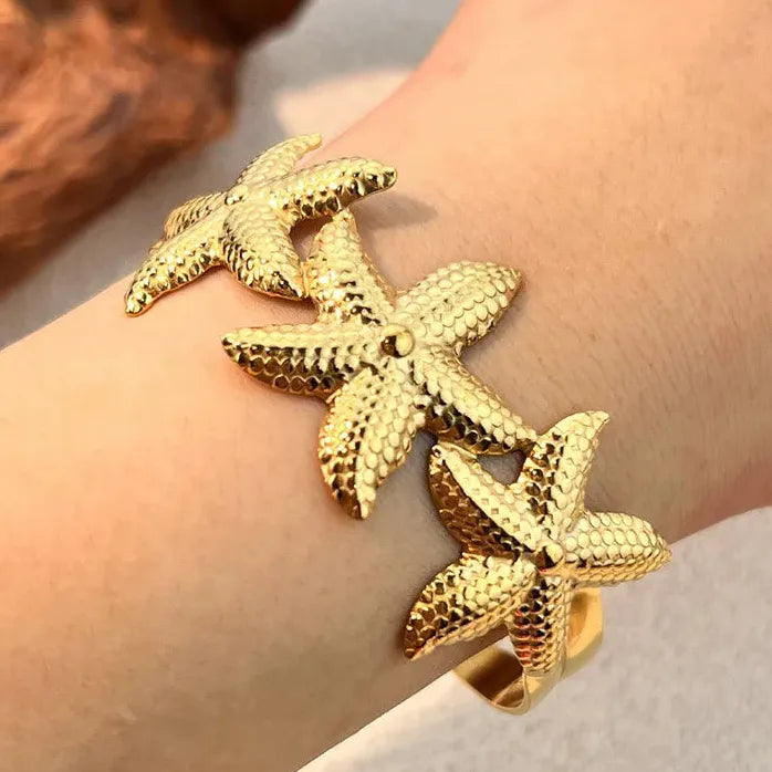 Vintage Ocean Lava Textured Starfish Coral Gold Plated Stainless Steel Cuff Bracelet