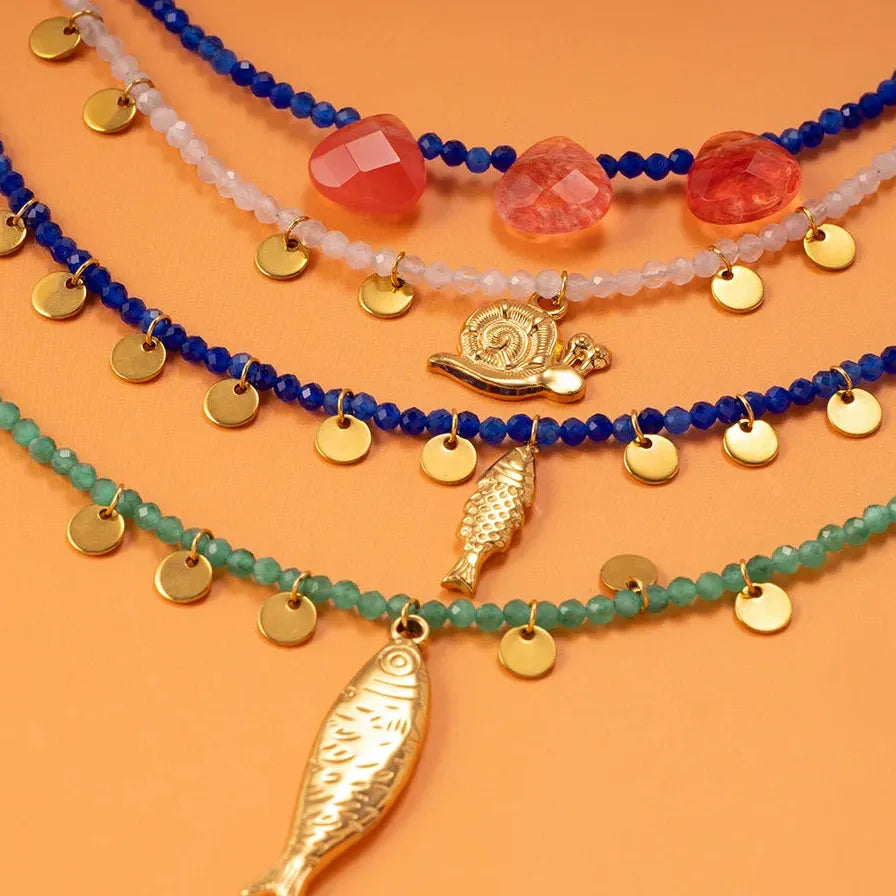 Stainless Steel Natural Stone Fish Pendant Necklace Handmade Beaded Jewelry Gift