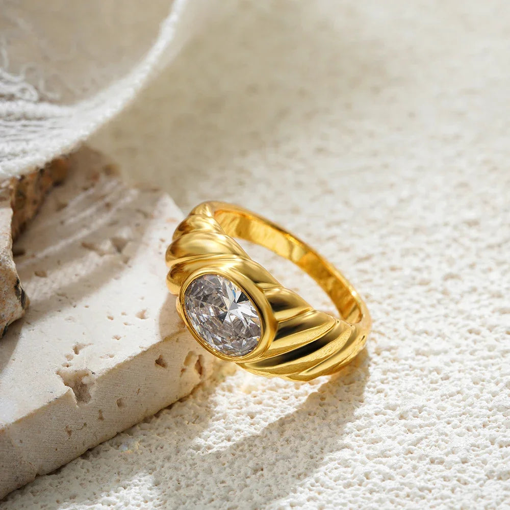 18K Gold Plated Multicolor Oval Crystal Ring for Women Hypoallergenic CZ Zircon Jewelry