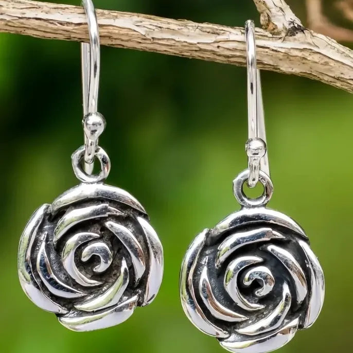 Vintage Silver Rose Drop Earrings Copper Alloy Jewelry Gift for Women