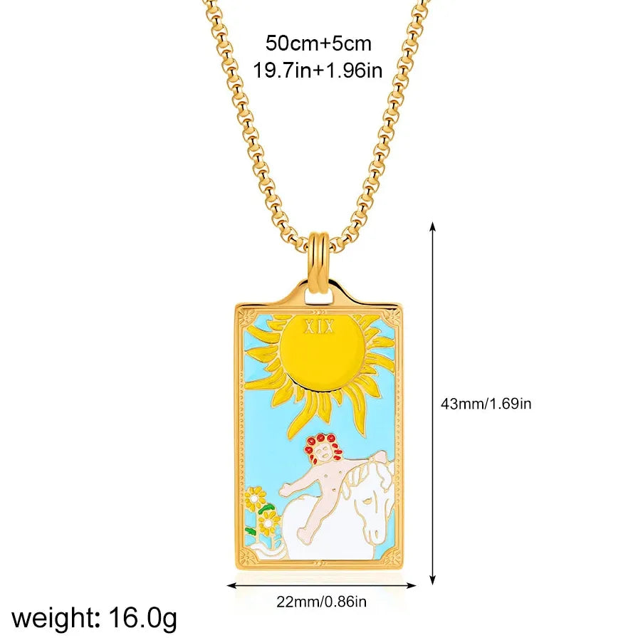 Vintage Gold Plated Stainless Steel Tarot Card Pendant Necklace for Women Punk