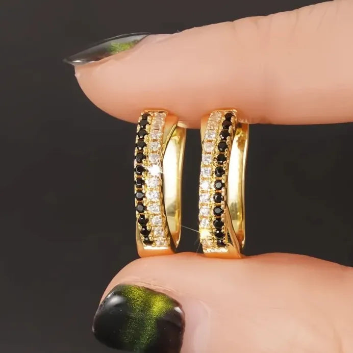 Gold Geometric Hoop Earrings for Women with White & Black Cubic Zirconia