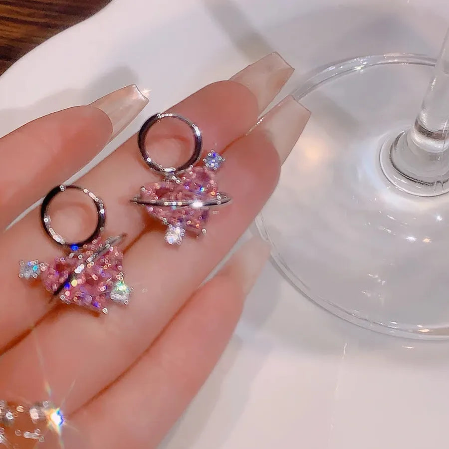 Pink Zircon Y2K Love Heart Planet Hoop Earrings for Women 90s Egirl Jewelry