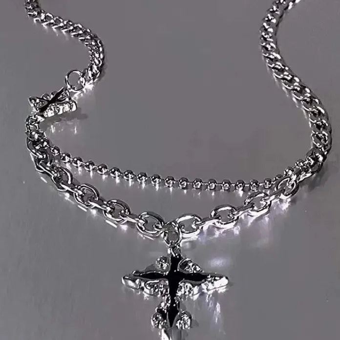 Punk Double Layer Cross Necklace for Women Men Halloween Charm Jewelry