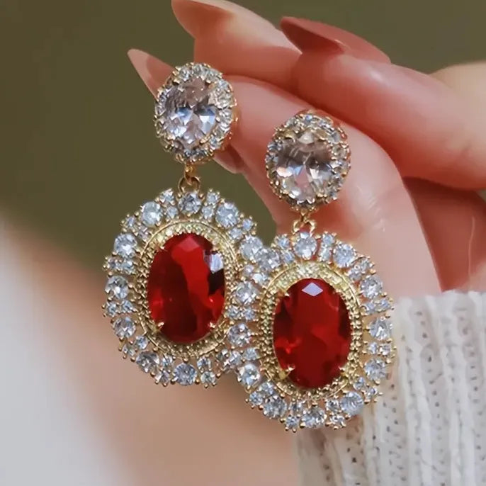 Gold Red CZ Geometric Drop Earrings for Women Wedding Party Jewelry