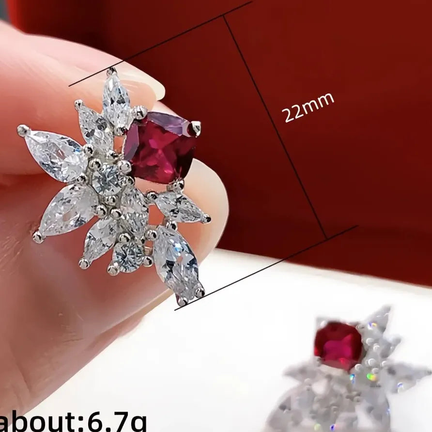 Luxury Red Geometric Cubic Zirconia Stud Earrings for Women Jewelry