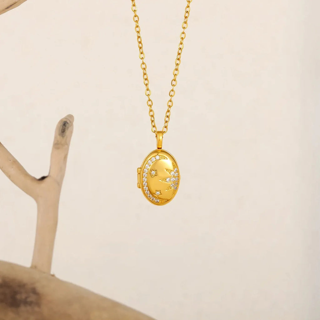 Sun Moon Star Openable Photo Frame Necklace Stainless Steel 18K Gold Jewelry
