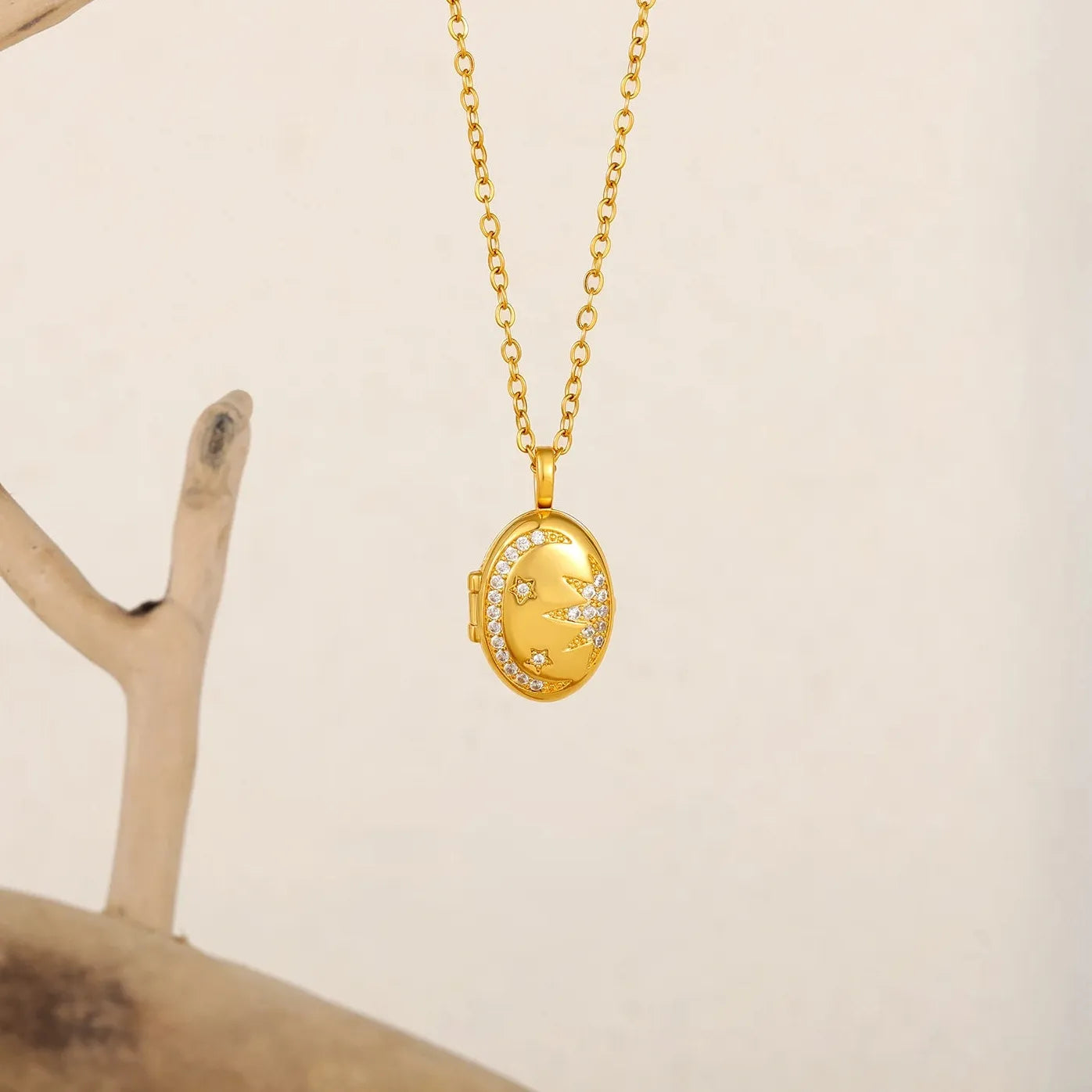 Sun Moon Star Openable Photo Frame Necklace Stainless Steel 18K Gold Jewelry
