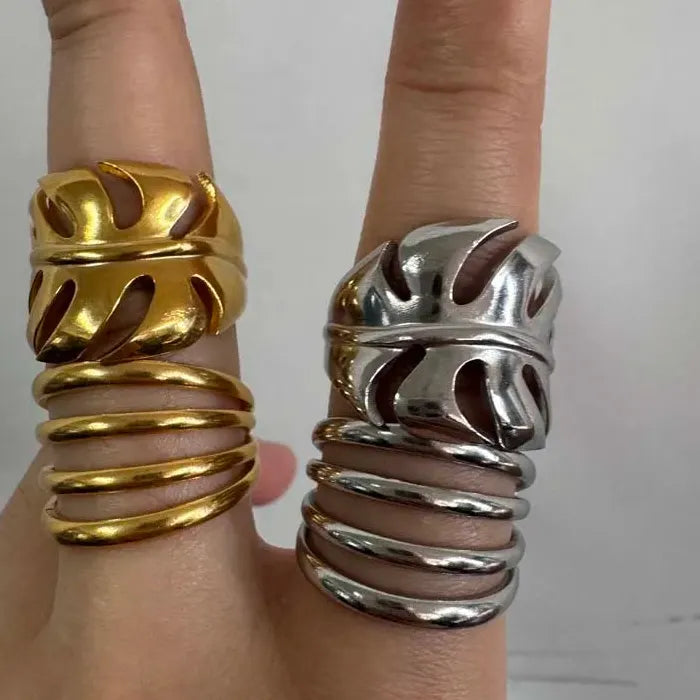 Stainless Steel Leaf Geometric Multi-Layer Open Cocktail Ring for Women Jewelry