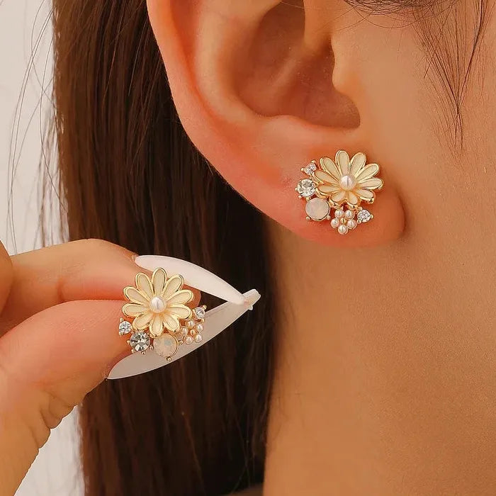 Yellow Daisy Zircon Pearl Stud Earrings for Women Vintage Gift Jewelry