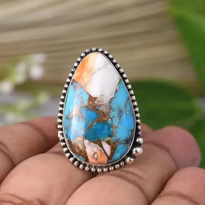 Retro Bohemian Copper Ring with Geometric Stone Resin Inlay for Women