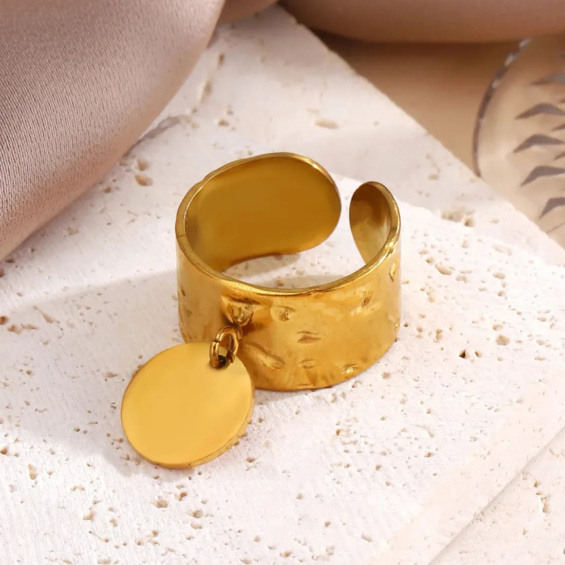Gold Stainless Steel Irregular Hammered Open Ring Waterproof Gift for Women Men
