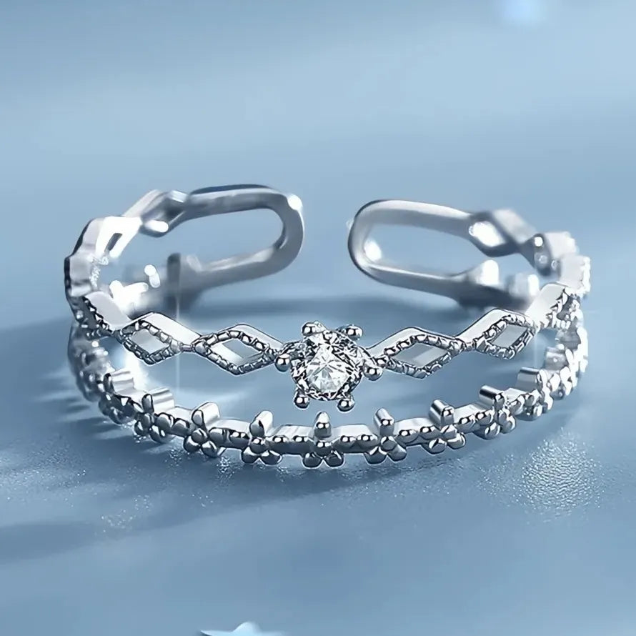 Adjustable Women's Flower Design Ring Brass Cubic Zirconia Fashion Jewelry