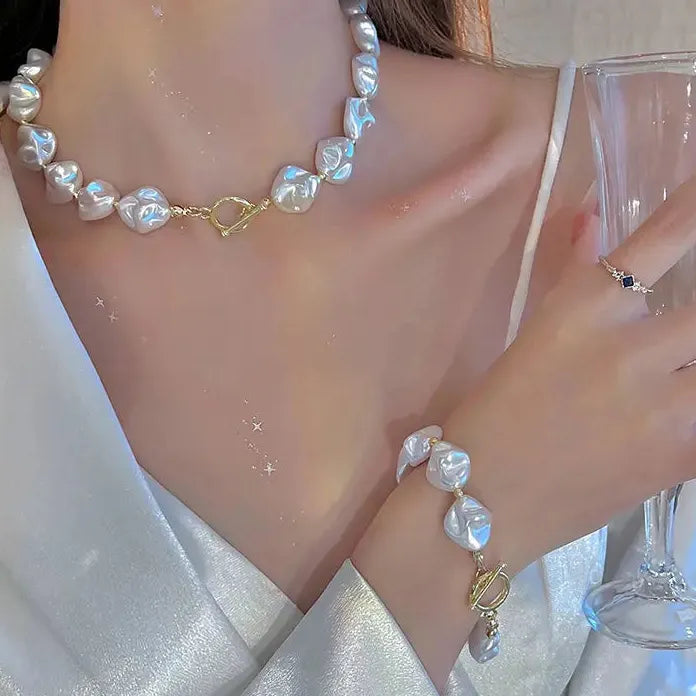 2026 Elegant Baroque Imitation Pearl Beaded Choker Necklace & Bracelet Set