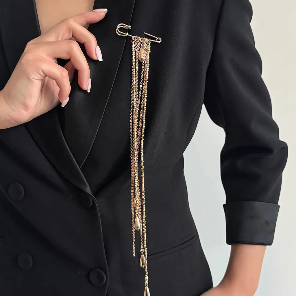 Water Drop Tassel Brooch Zinc Alloy Long Chain Pendant for Women Men