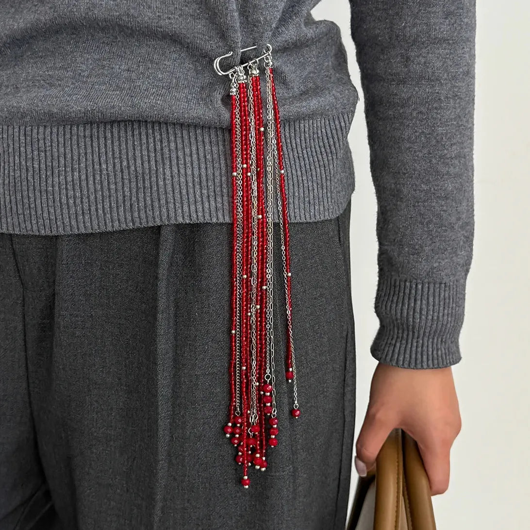 Crystal Multi-Layer Tassel Chain Rice Bead Brooch Hip Hop Jewelry for Women Men