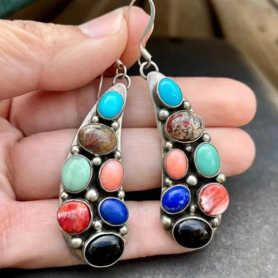 Bohemian Retro Ethnic Long Drop Earrings Green Stone Zinc Alloy Jewelry