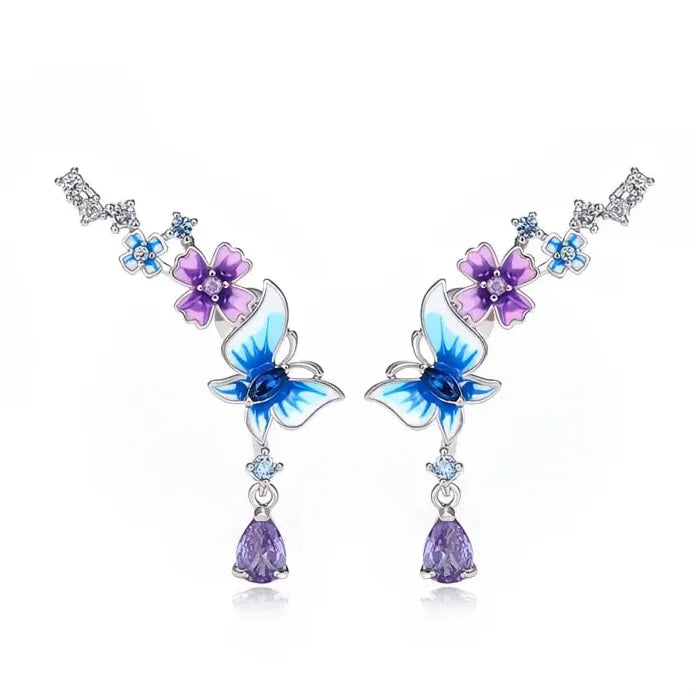 Butterfly Flower Drop Earrings with Sparkling Cubic Zirconia for Women