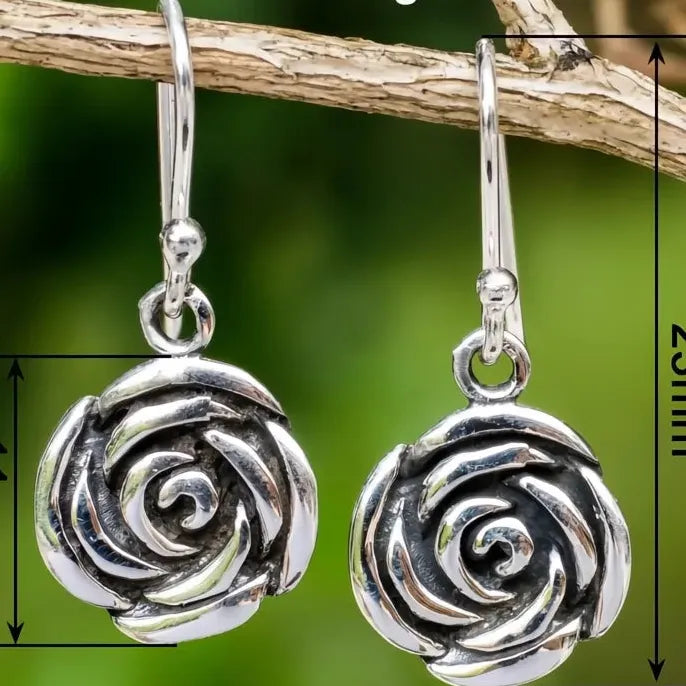 Vintage Silver Rose Drop Earrings Copper Alloy Jewelry Gift for Women