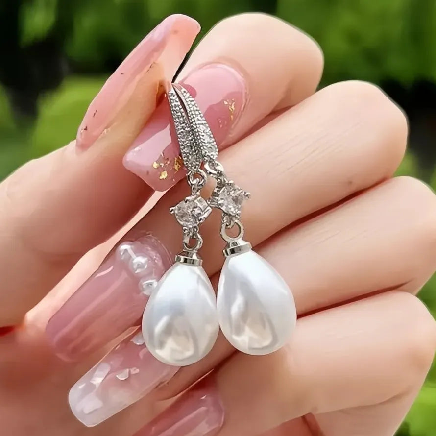 Women Drop Earrings Imitation Pearl CZ Copper Alloy Geometric Wedding Jewelry