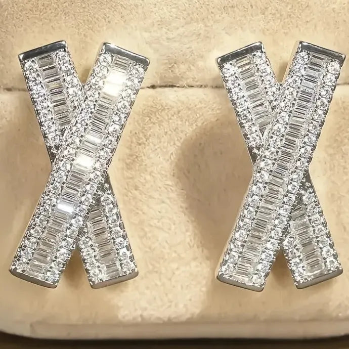 Cross Shaped Stud Earrings Cubic Zirconia Copper Alloy Jewelry for Women