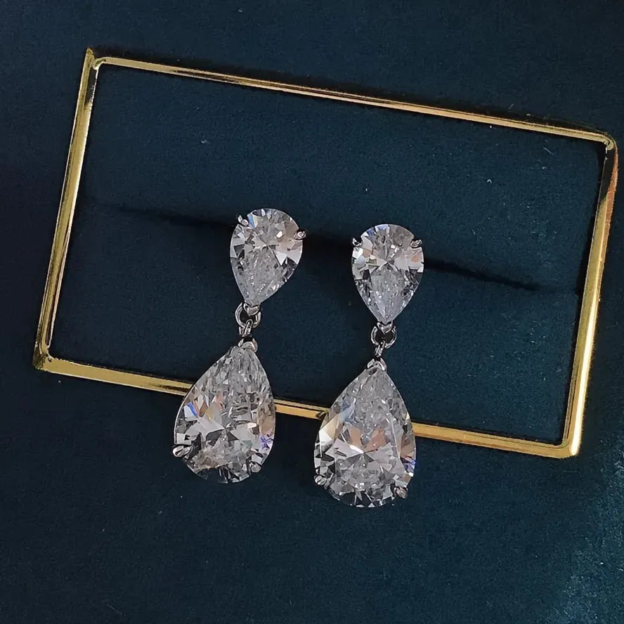Silver Color Crystal Water Drop Cubic Zirconia Geometric Dangle Earrings for Women Wedding Jewelry