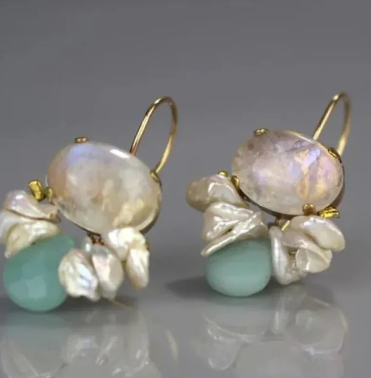 Creative Geometric Pearl Double Drop Round Stone Resin Zinc Alloy Earrings for Women