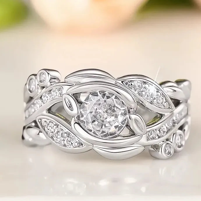 Chic Leaf Brass Ring with Dazzling Cubic Zirconia Charms Jewelry for Women