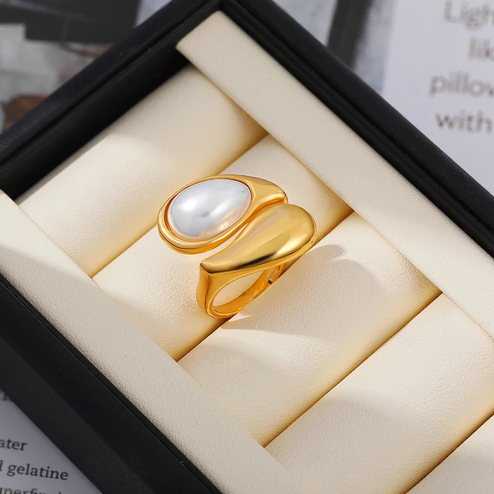 Vintage Dome Teardrop Waterdrop Pearl Ring 18K Gold Plated Stainless Steel Women