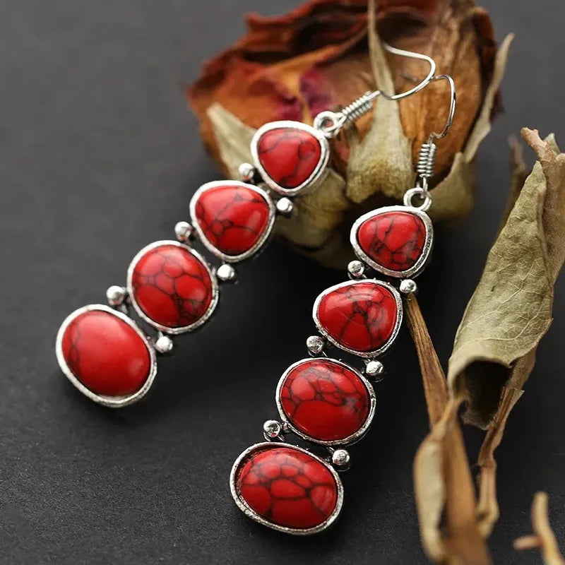 Bohemian Ethnic Oval Red Stone Drop Earrings for Women Zinc Alloy Silver Tone