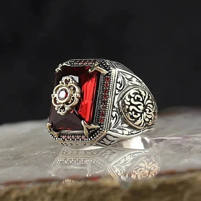 Retro Handmade Turkish Men’s Silver Zinc Alloy Ring with Zircon Inlay