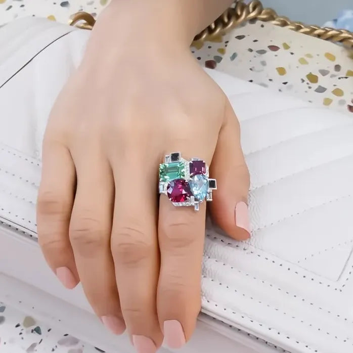 Vintage Two Tone Brass Women Rings with Colorful Cubic Zirconia Party Jewelry