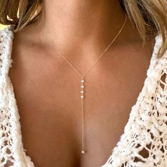 Metal Y-Shaped Crystal Zircon Tassel Necklace for Women Long Chain Choker Jewelry