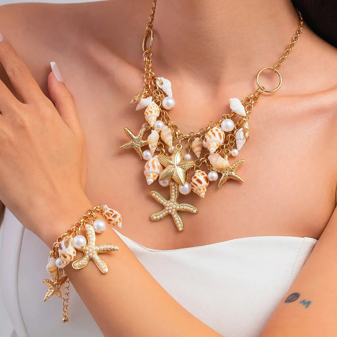 Bohemia Handmade 18k Gold Plated Conch Shell Starfish Pearl Pendant Necklace Women