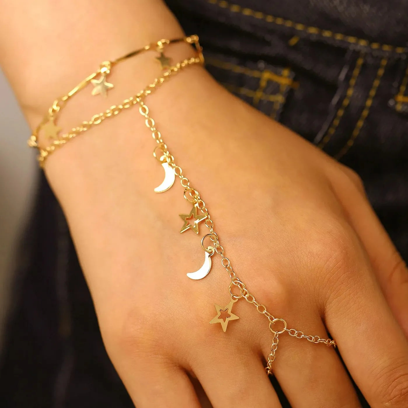 2026 Star Moon Tassel Bracelet Double Layer Rings for Women Jewelry Gift