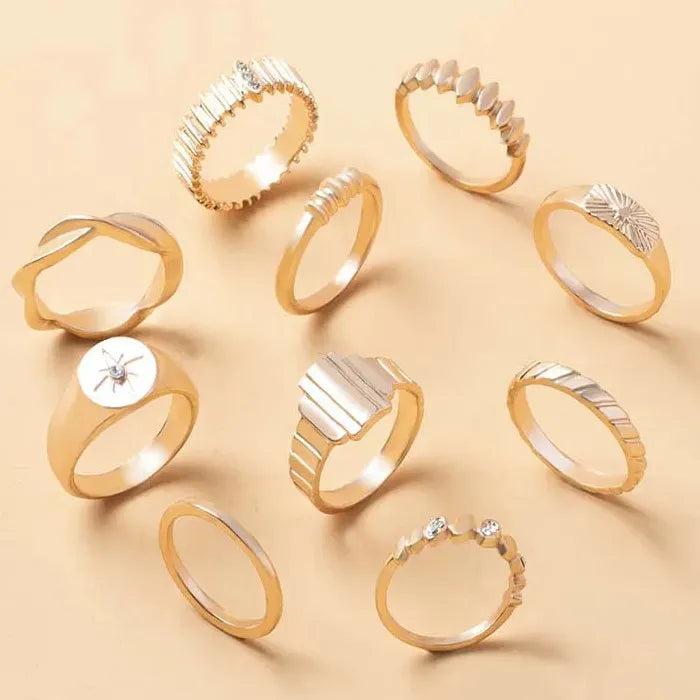 10Pcs Adjustable Gold Star Rings Set for Women Fashion Jewelry Crystal Inlay