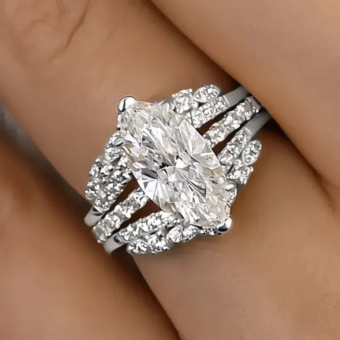 2Pcs Women’s Silver Brass Rings Set with CZ Inlay for Wedding & Party Gift