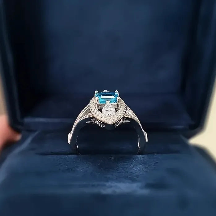 Hyperbole Marquise Blue Cubic Zirconia Brass Wedding Ring for Women