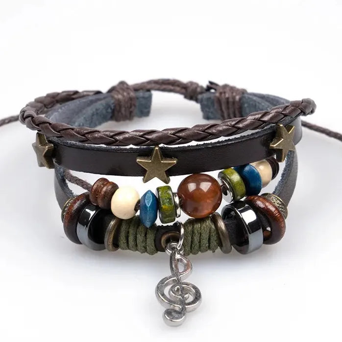 Handmade Brown Leather Hippie Bracelet Women Metal Star Note Charms Wrap Adjustable Boho