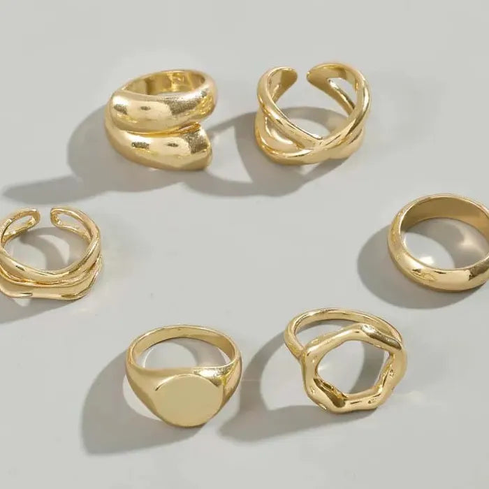 6Pcs Gold Geometric Open Mood Tracker Rings Set for Women Fashion Jewelry