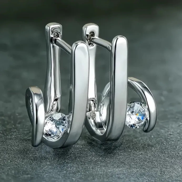 Geometric Silver Hoop Earrings with Sparkling Cubic Zirconia for Women